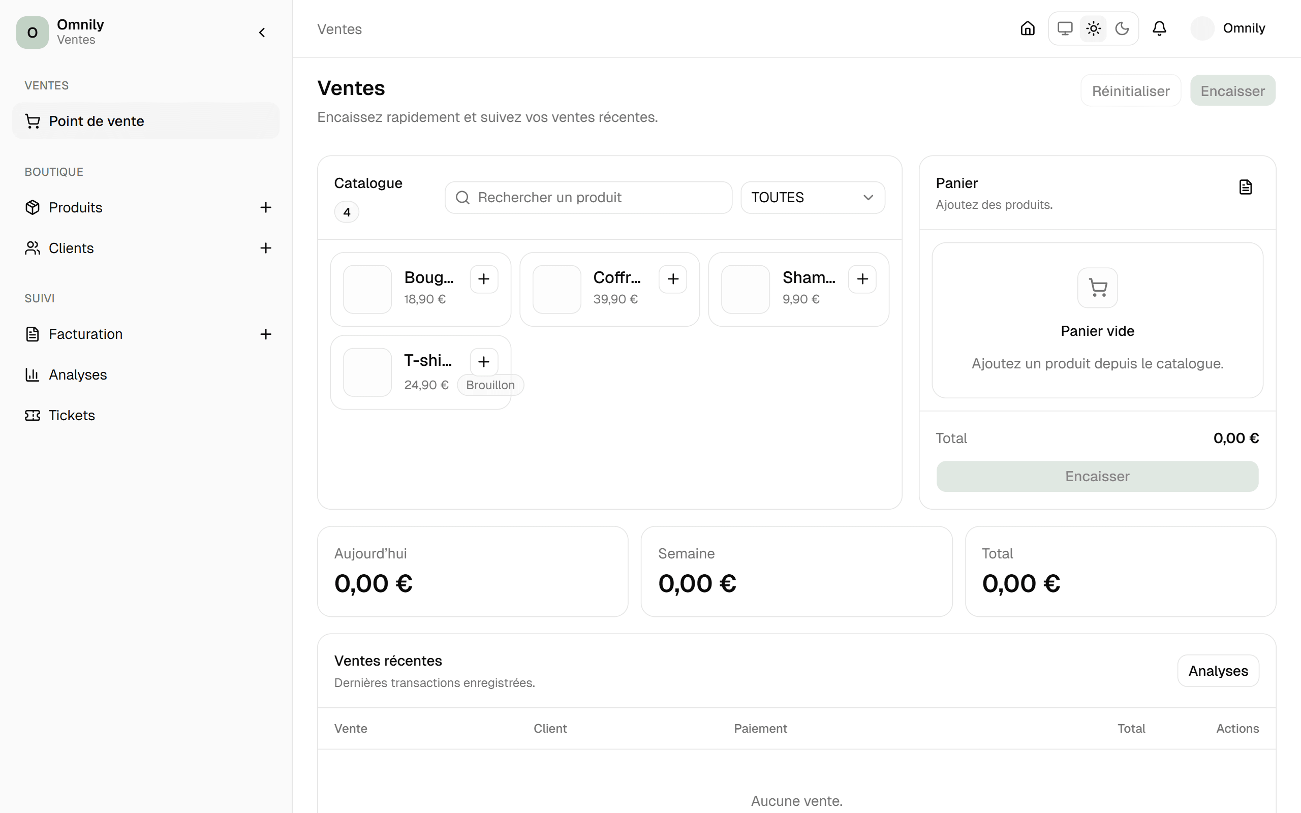 Interface caisse Omnily — encaissement rapide